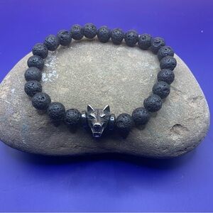 Black Beaded Bracelet with Wolf Charm